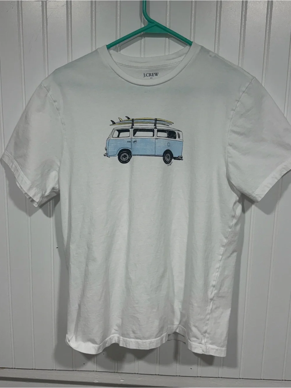 J. Crew Men’s White Short-Sleeve Tee with Light Blue Surf Van Graphic